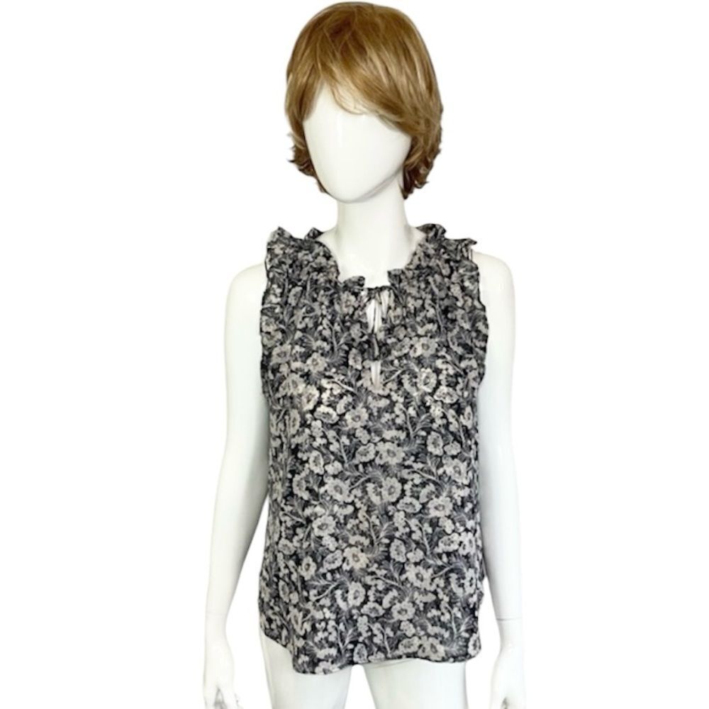 Misa Womens Navy White Floral Tie Neck Sleeveless Ruffle Chiffon Blouse Size L